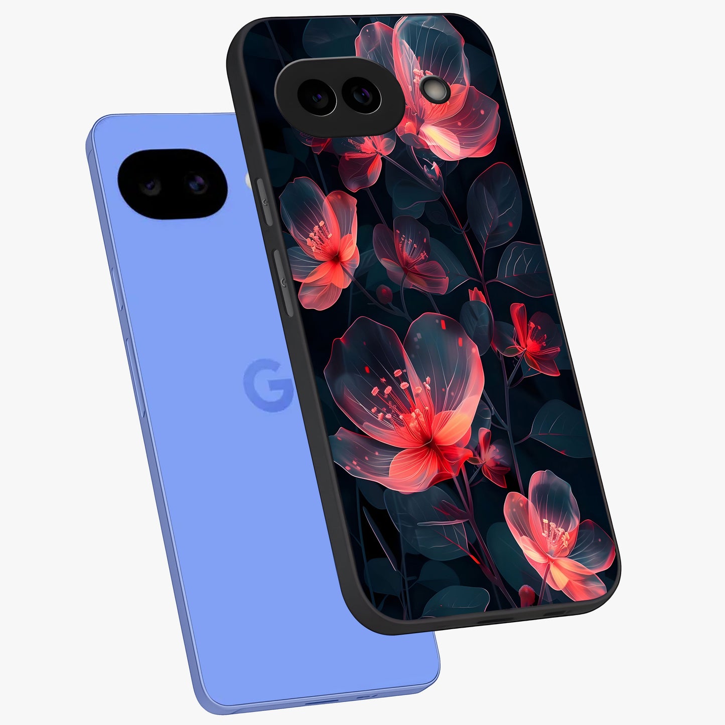 Dark Shade of Flower Glass Case displayed in angled mockup highlighting moody floral illustration with aesthetic dark tones.