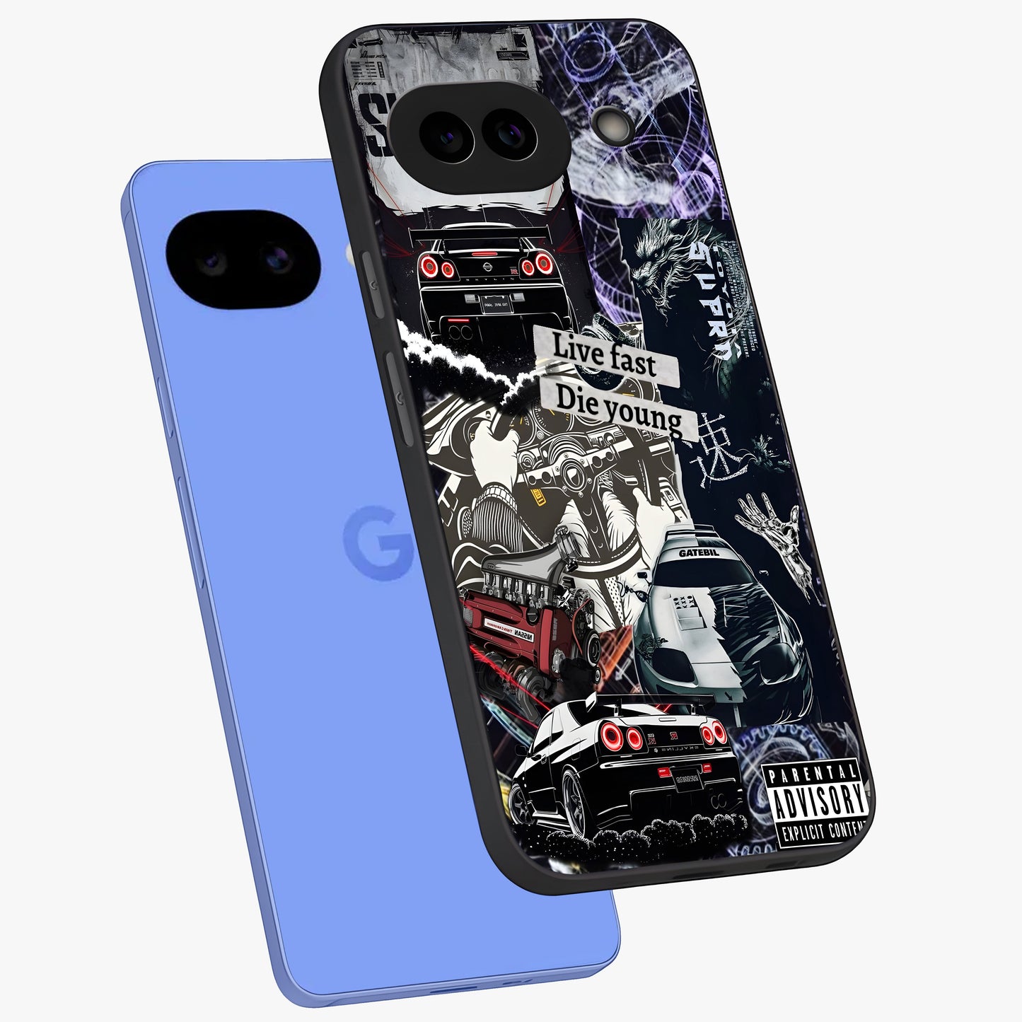 Die Young Glass Case displayed in angled mockup highlighting expressive graphic artwork with edgy aesthetic style.