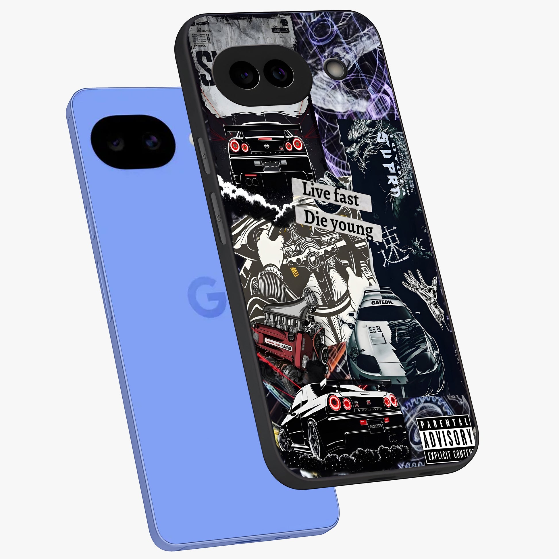 Die Young Glass Case displayed in angled mockup highlighting expressive graphic artwork with edgy aesthetic style.