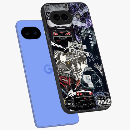 Die Young Glass Case displayed in angled mockup highlighting expressive graphic artwork with edgy aesthetic style.