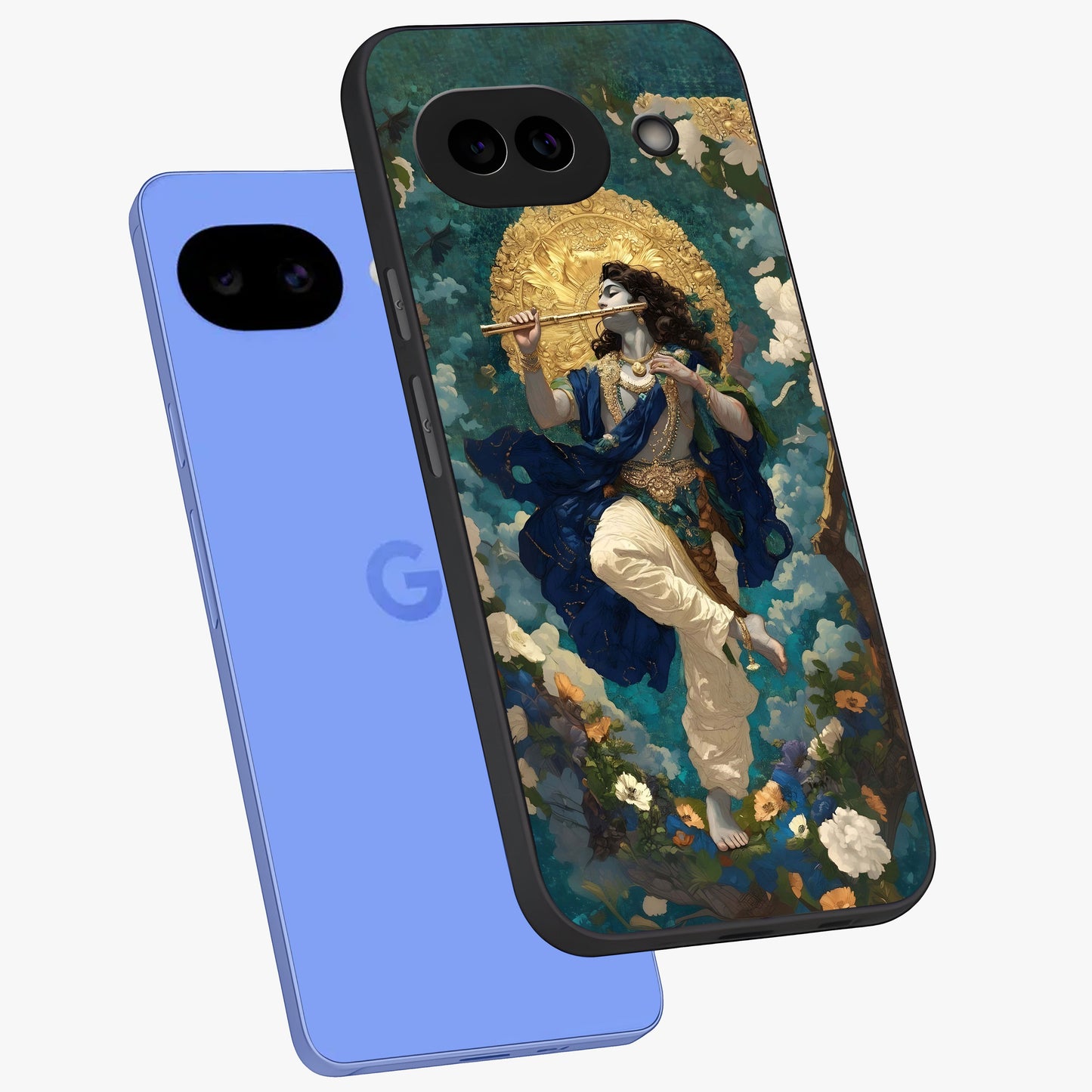 Divine Krishna Art Glass Case displayed in angled mockup highlighting spiritual Krishna illustration with devotional aesthetic.