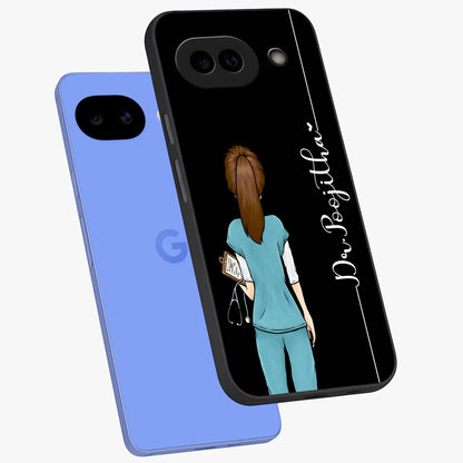 Doctor Pattern Custom Name Glass Case displayed in angled mockup highlighting doctor inspired artwork with custom name feature.