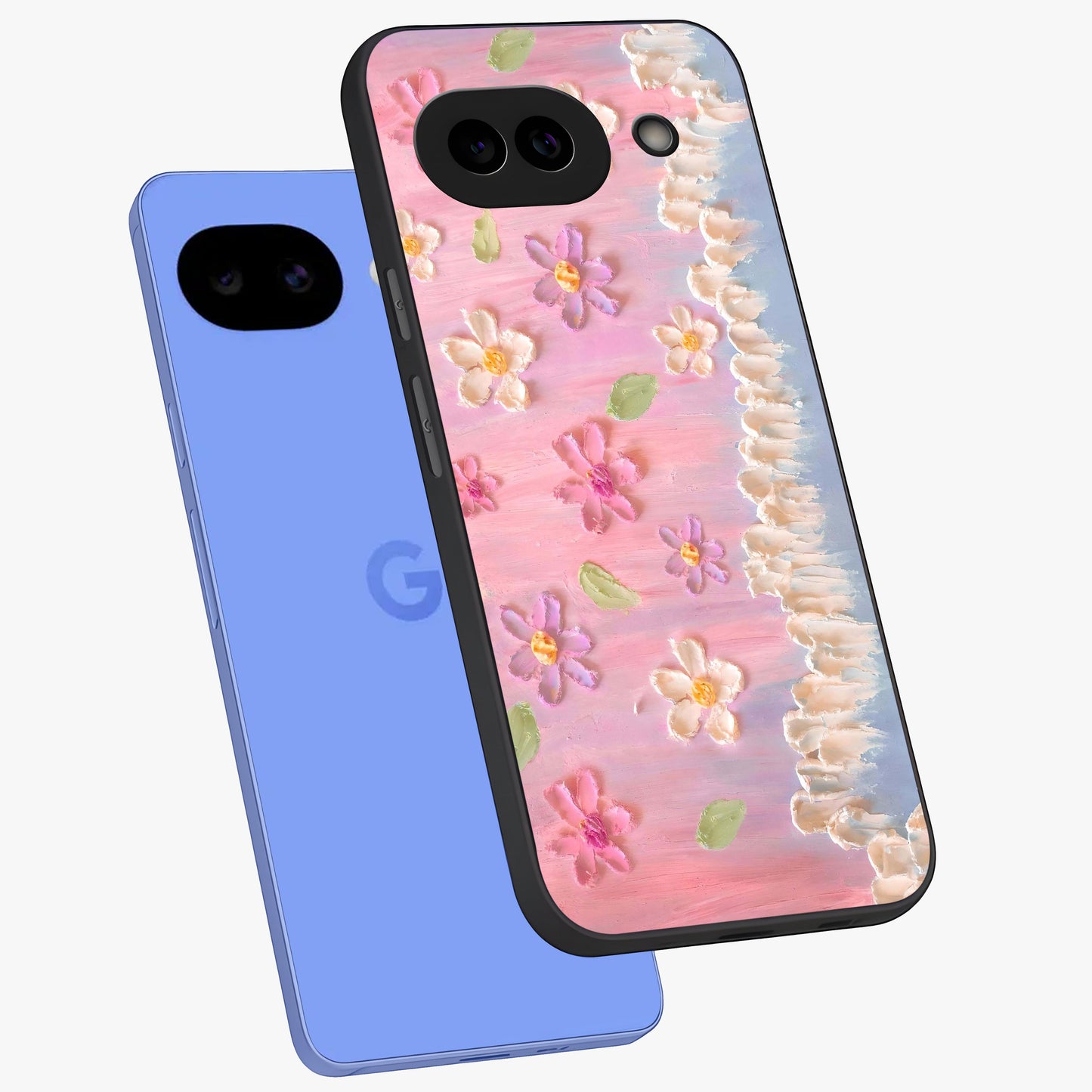 Dreamy Painted Garden Glass Case displayed in angled mockup highlighting colorful garden illustration with dreamy aesthetic style.
