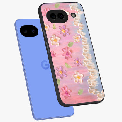 Dreamy Painted Garden Glass Case displayed in angled mockup highlighting colorful garden illustration with dreamy aesthetic style.