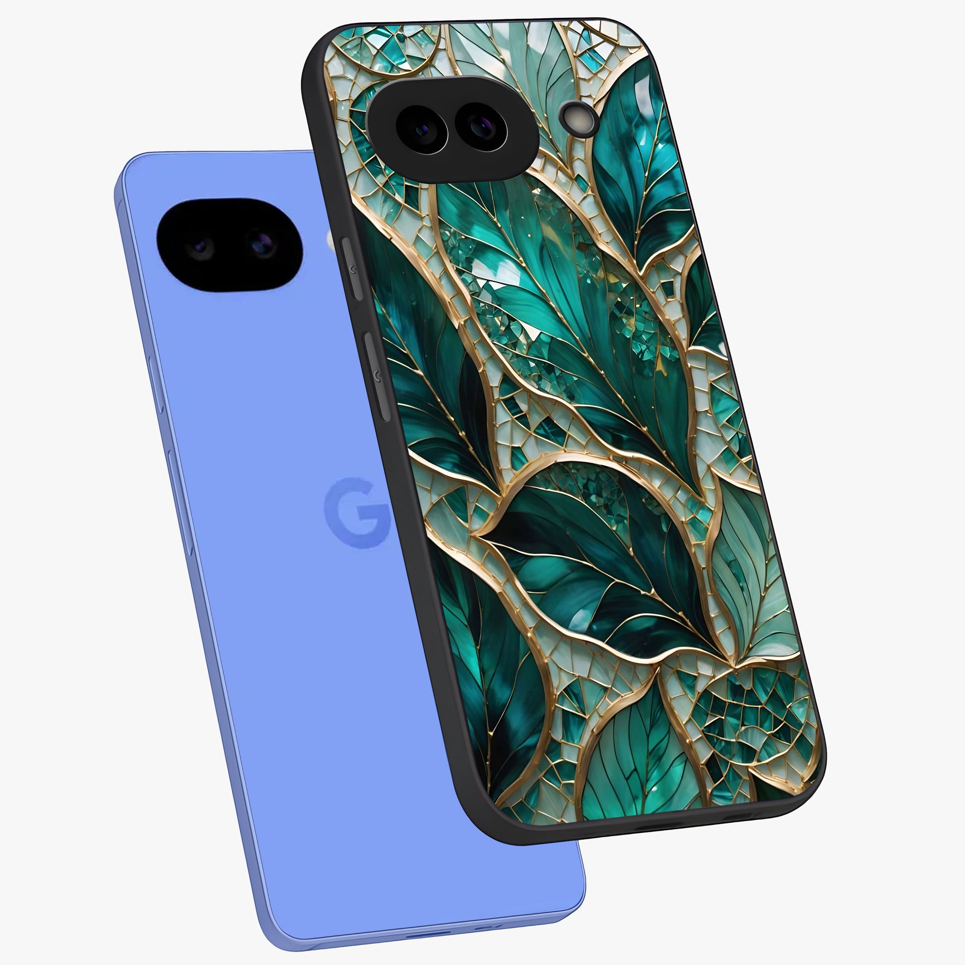 Emerald Leaf Glass Glass Case displayed in angled mockup highlighting botanical leaf illustration with elegant natural aesthetic.