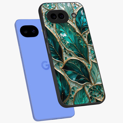 Emerald Leaf Glass Glass Case displayed in angled mockup highlighting botanical leaf illustration with elegant natural aesthetic.