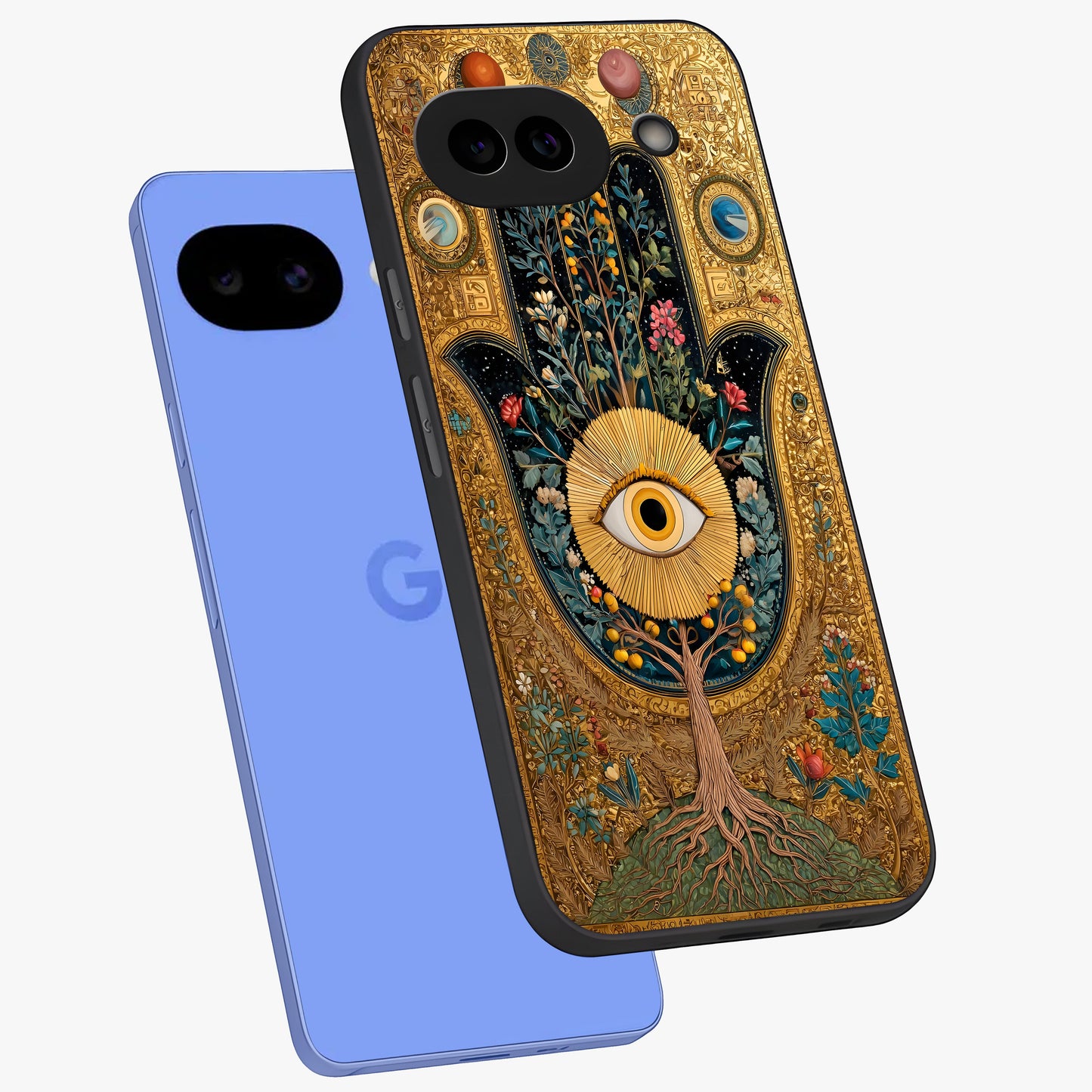 Ethereal Evil Eye Glass Case displayed in angled mockup highlighting protective evil eye symbol with spiritual aesthetic design.