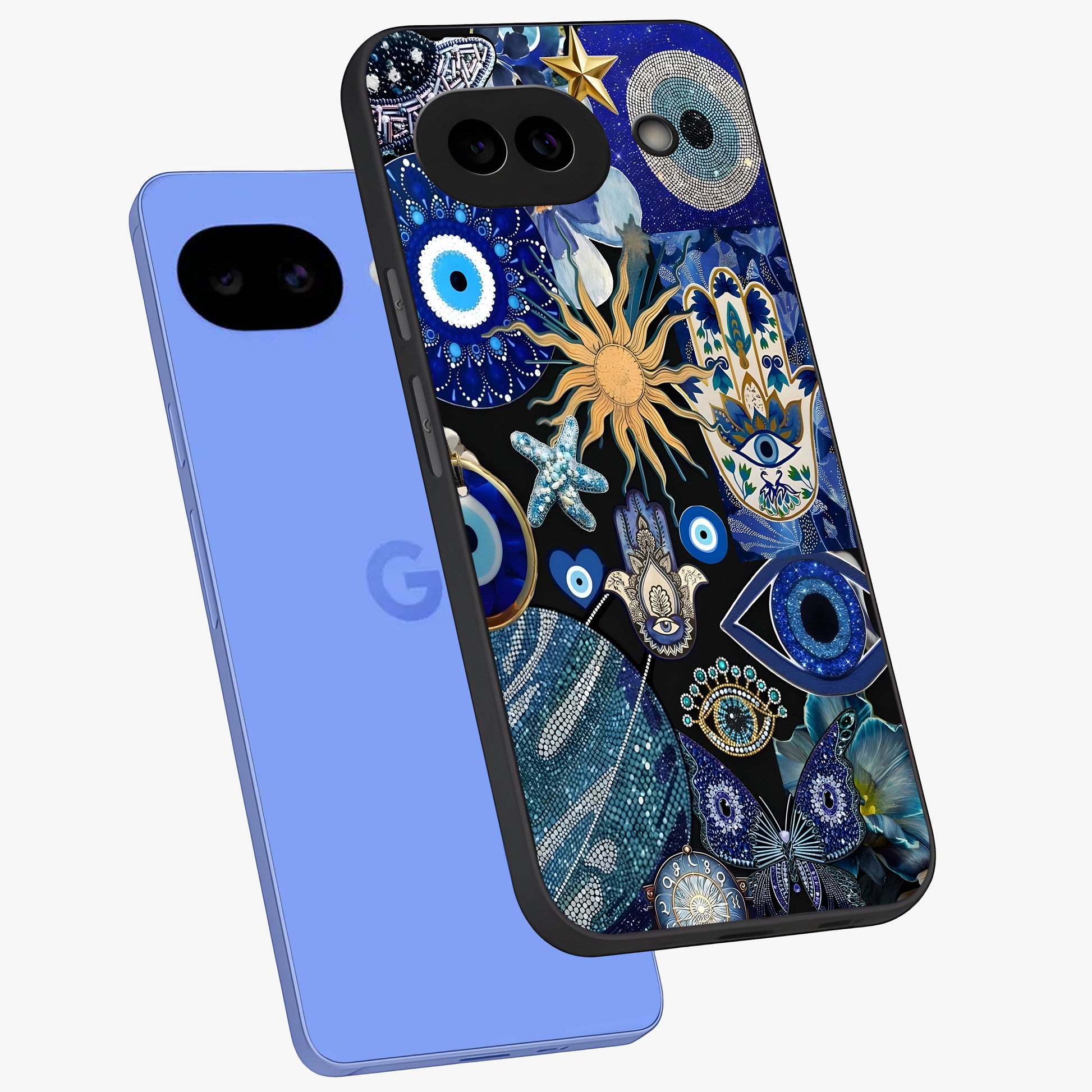 Evil Eye Charm Mix Glass Case displayed in angled mockup highlighting protective evil eye symbols with spiritual aesthetic design.