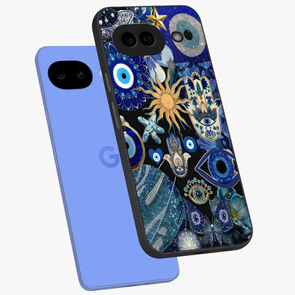 Evil Eye Charm Mix Glass Case displayed in angled mockup highlighting protective evil eye symbols with spiritual aesthetic design.