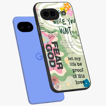 Faith Over Fear Glass Case displayed in angled mockup highlighting inspirational message design with modern aesthetic style.