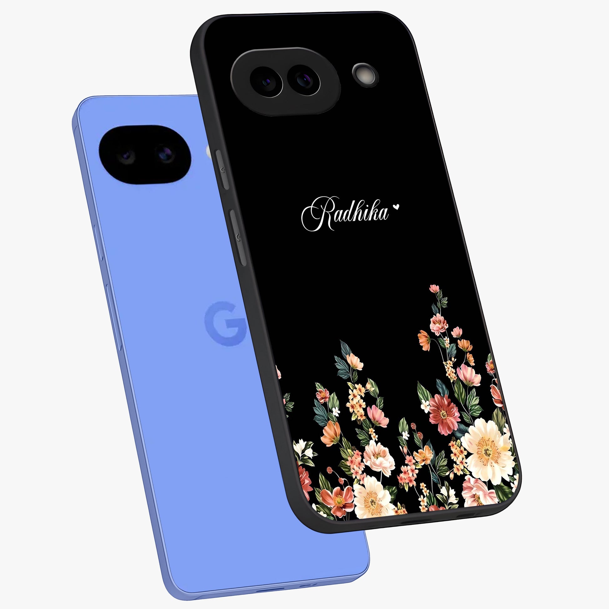 Floral Design With a Custom Personalized Name Glass Case displayed in angled mockup highlighting elegant floral pattern with custom name feature.