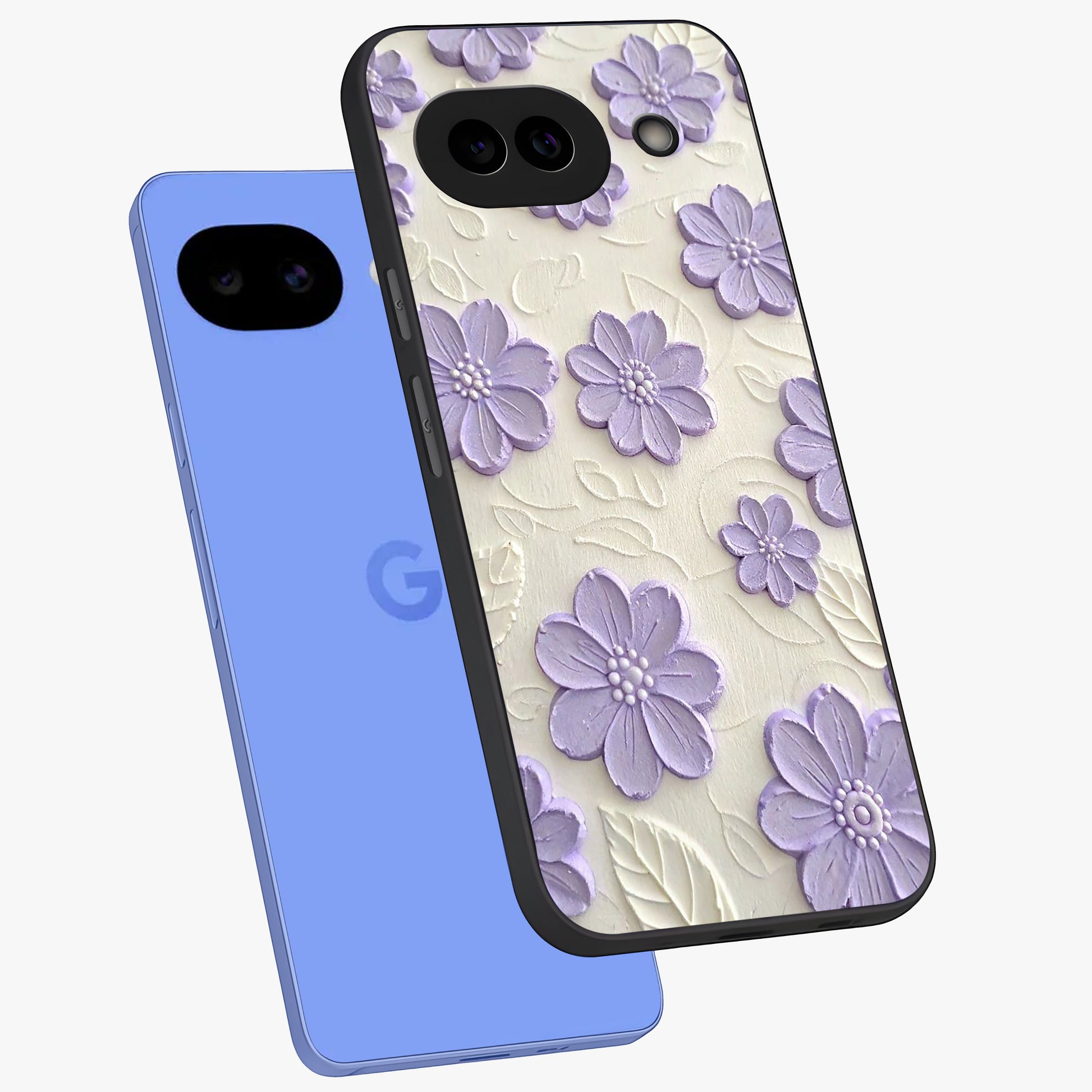 Floral Wall Art With Purple Flowers Glass Case displayed in angled mockup highlighting vibrant purple floral illustration with artistic aesthetic.
