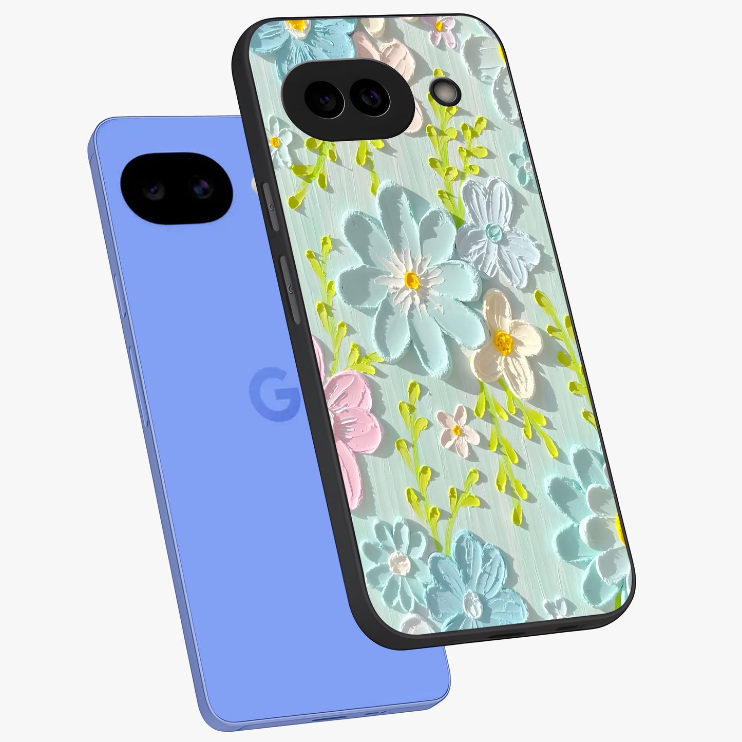 Frosted Petal Garden Glass Case displayed in angled mockup highlighting delicate flower petal design with calm garden aesthetic.