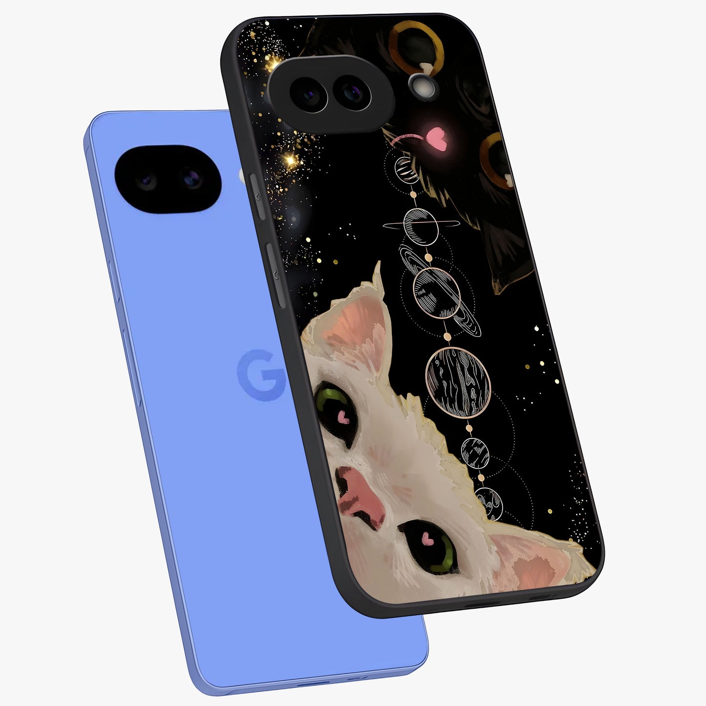 Galactic Cat Glass Case displayed in angled mockup highlighting celestial feline illustration with galaxy aesthetic style.