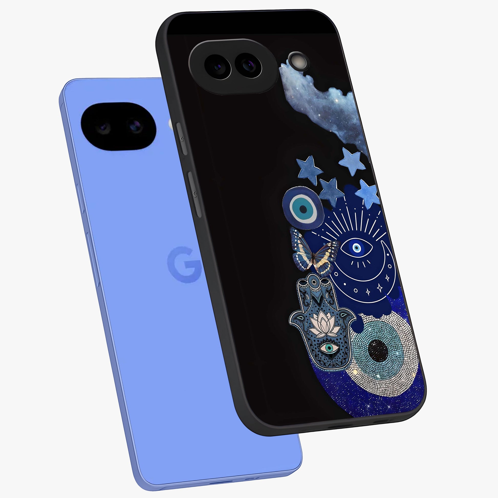 Galactic Charm Cluster Glass Case displayed in angled mockup highlighting luminous galaxy inspired design with dreamy aesthetic.