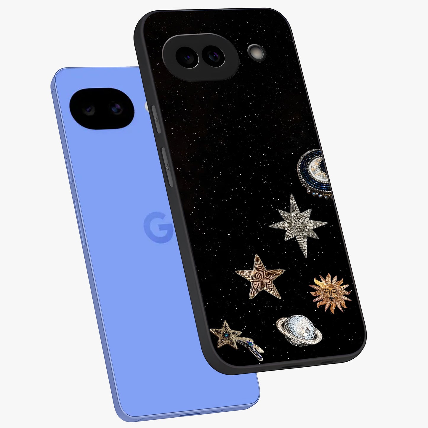 Galactic Charm Glow Glass Case displayed in angled mockup highlighting luminous galaxy inspired design with dreamy aesthetic.