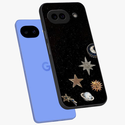 Galactic Charm Glow Glass Case displayed in angled mockup highlighting luminous galaxy inspired design with dreamy aesthetic.