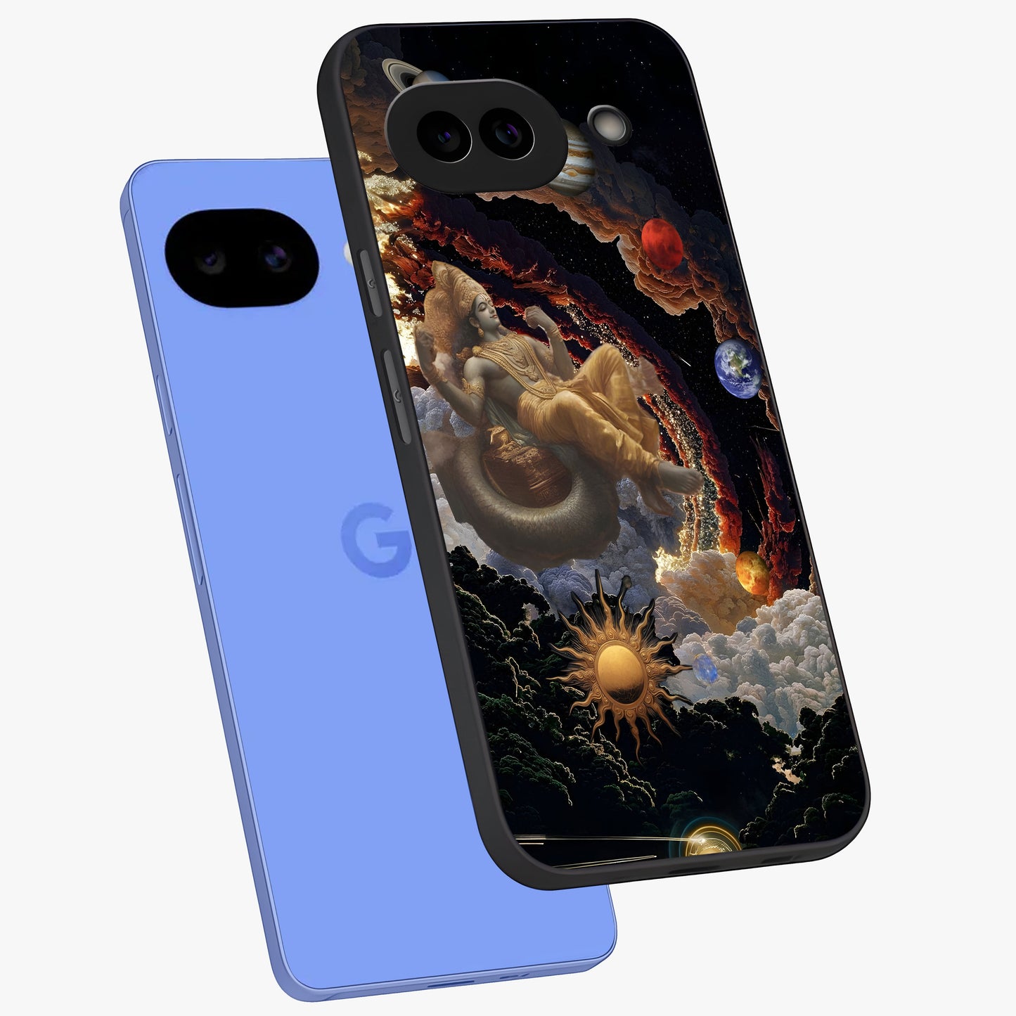 Galactic Divine God Glass Case displayed in angled mockup highlighting powerful celestial deity illustration with galactic aesthetic.
