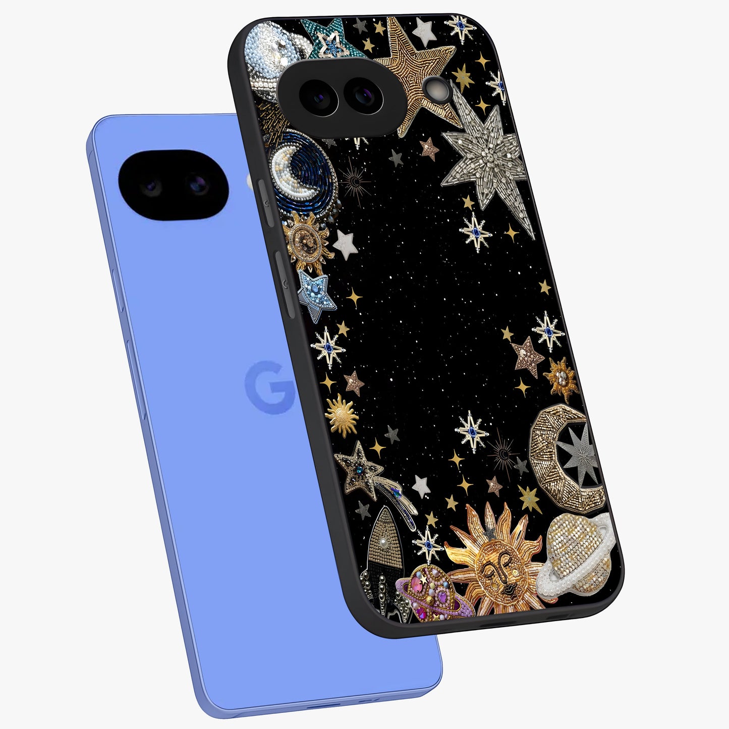 Galactic Jewel Stars Glass Case displayed in angled mockup highlighting shining celestial star design with cosmic aesthetic style.