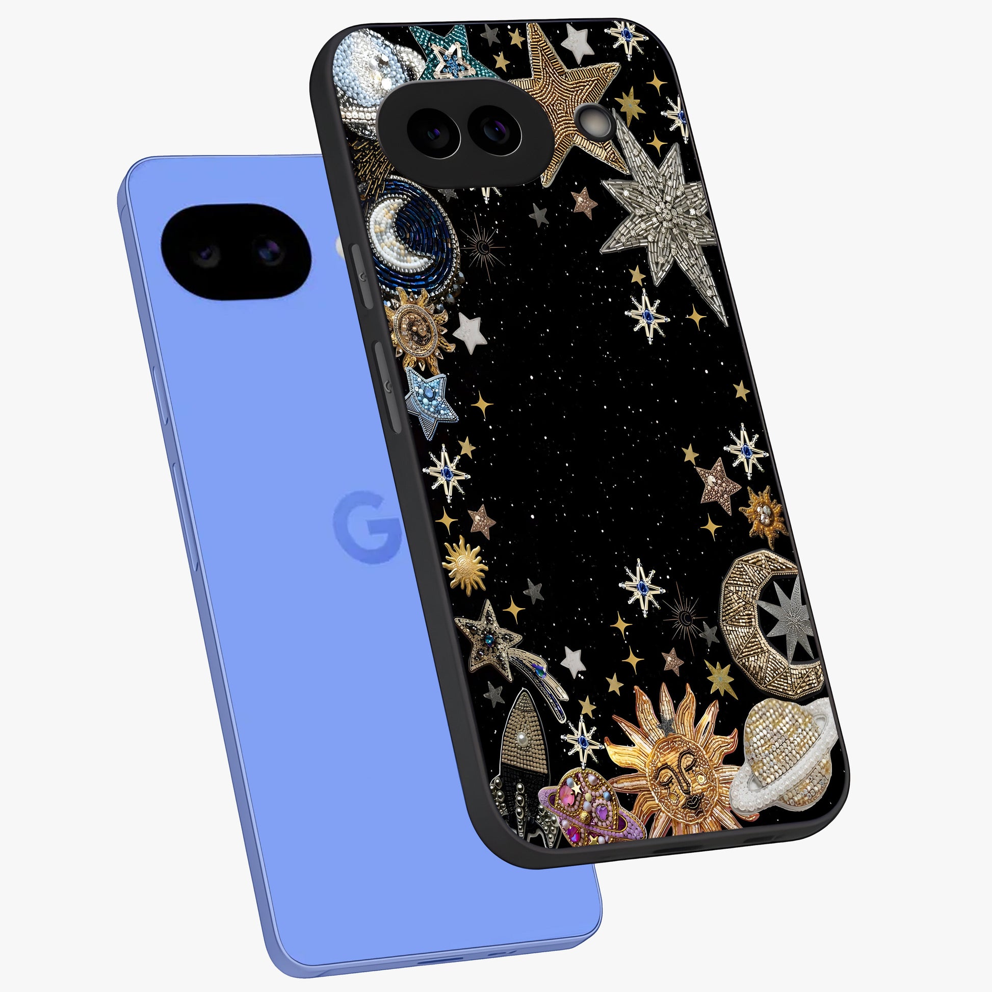 Galactic Jewel Stars Glass Case displayed in angled mockup highlighting shining celestial star design with cosmic aesthetic style.