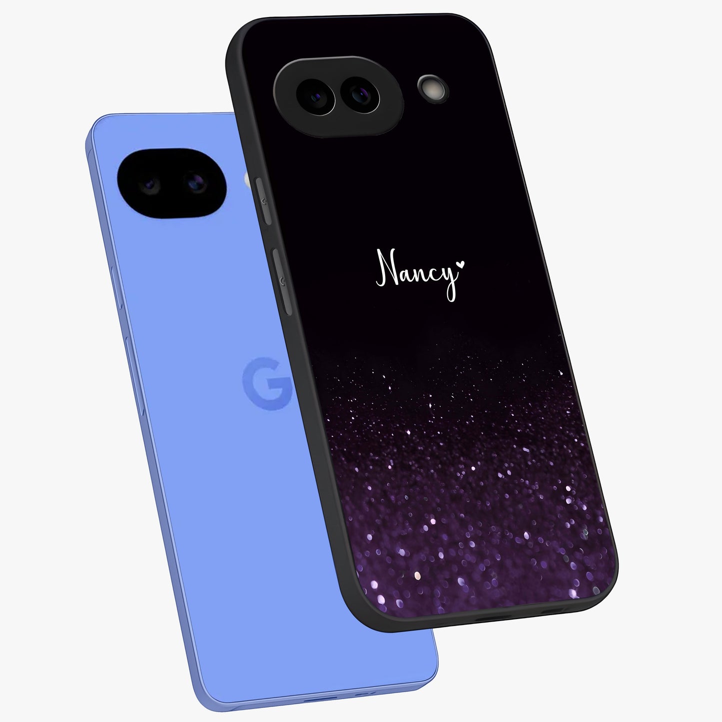 Glittery Purple Bokeh Custom Name Glass Case displayed in angled mockup highlighting glitter bokeh pattern with custom name feature.