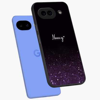 Glittery Purple Bokeh Custom Name Glass Case displayed in angled mockup highlighting glitter bokeh pattern with custom name feature.