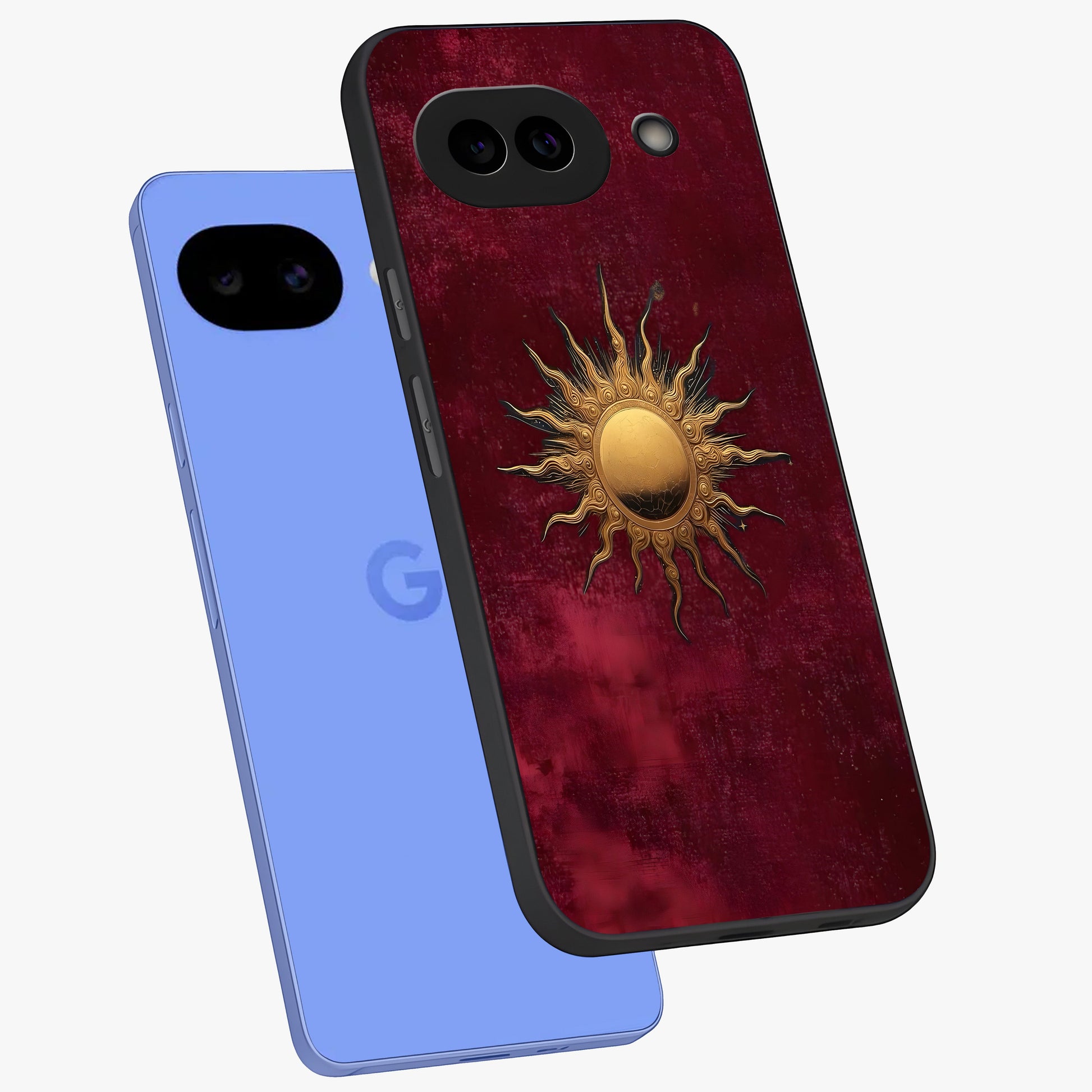 Golden Sun Minimalism Glass Case displayed in angled mockup highlighting clean sun symbol design with modern minimal aesthetic.