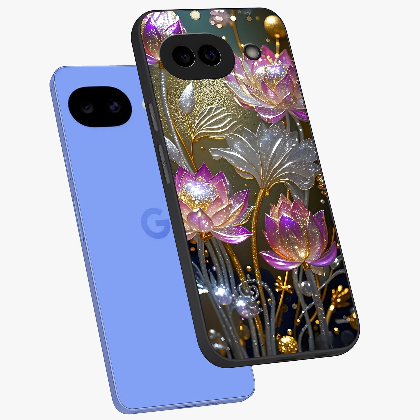 Golden Floral Majesty Glass Case displayed in angled mockup highlighting elegant flower design with royal golden aesthetic.