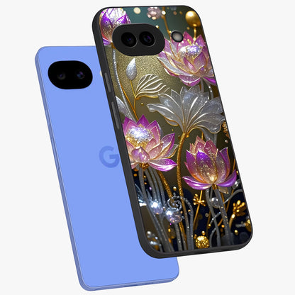 Golden Floral Majesty Glass Case displayed in angled mockup highlighting elegant flower design with royal golden aesthetic.
