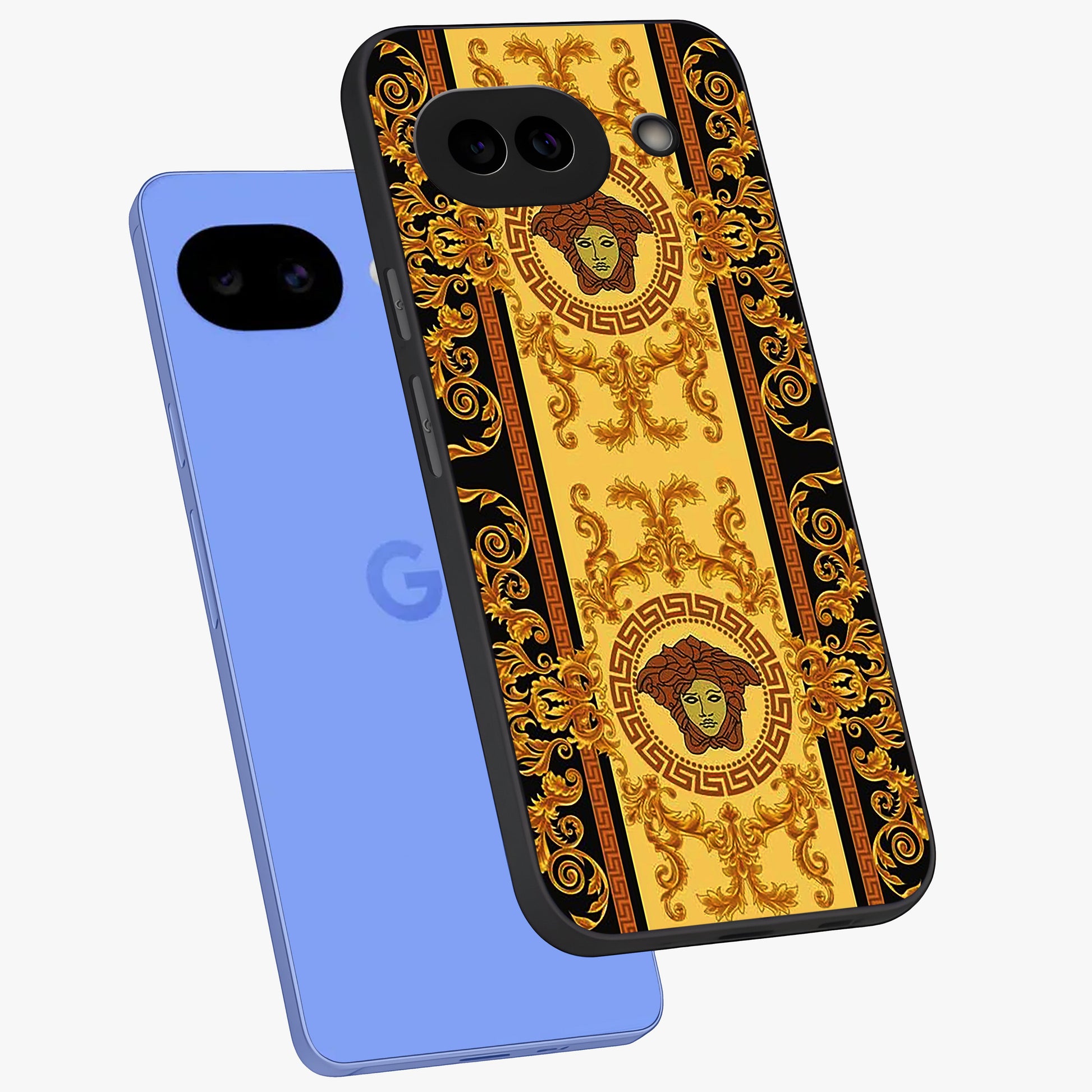 Golden Lotus Glow Glass Case displayed in angled mockup highlighting radiant lotus illustration with spiritual aesthetic.