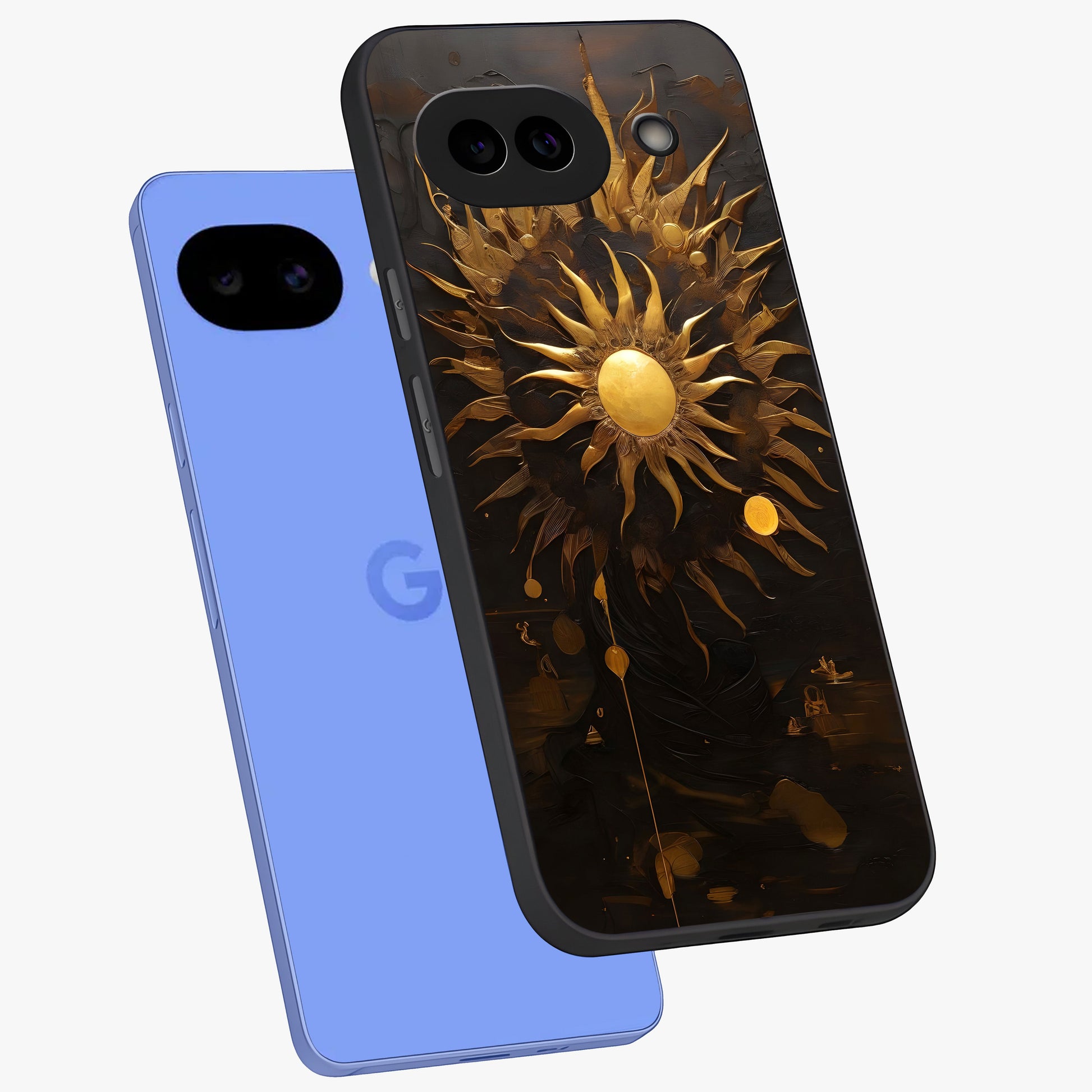 Golden Sun Majesty Glass Case displayed in angled mockup highlighting eerie shadow illustration with gothic aesthetic.