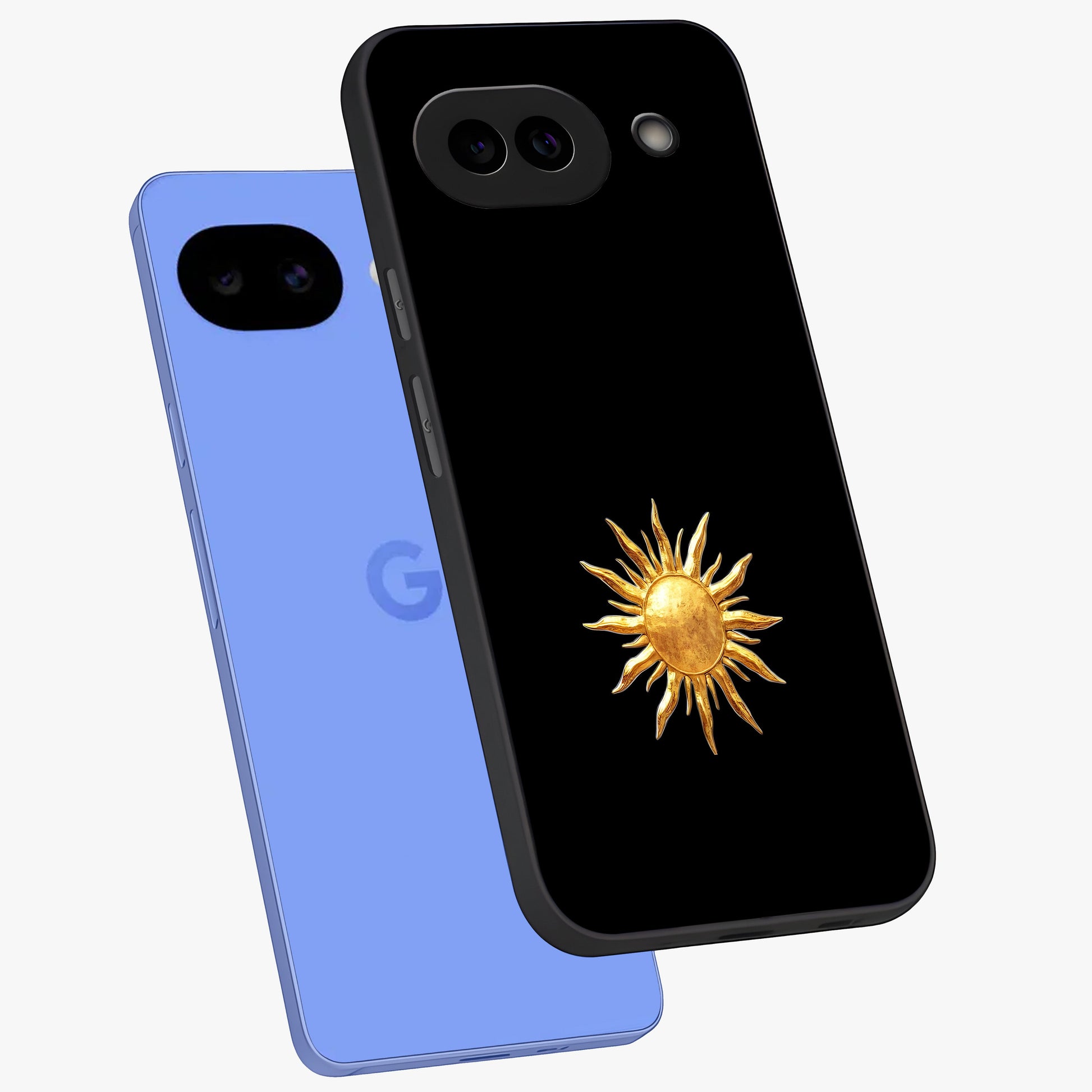 Golden Sun Minimalism Glass Case displayed in angled mockup highlighting eerie shadow illustration with gothic aesthetic.