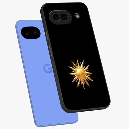 Golden Sun Minimalism Glass Case displayed in angled mockup highlighting eerie shadow illustration with gothic aesthetic.