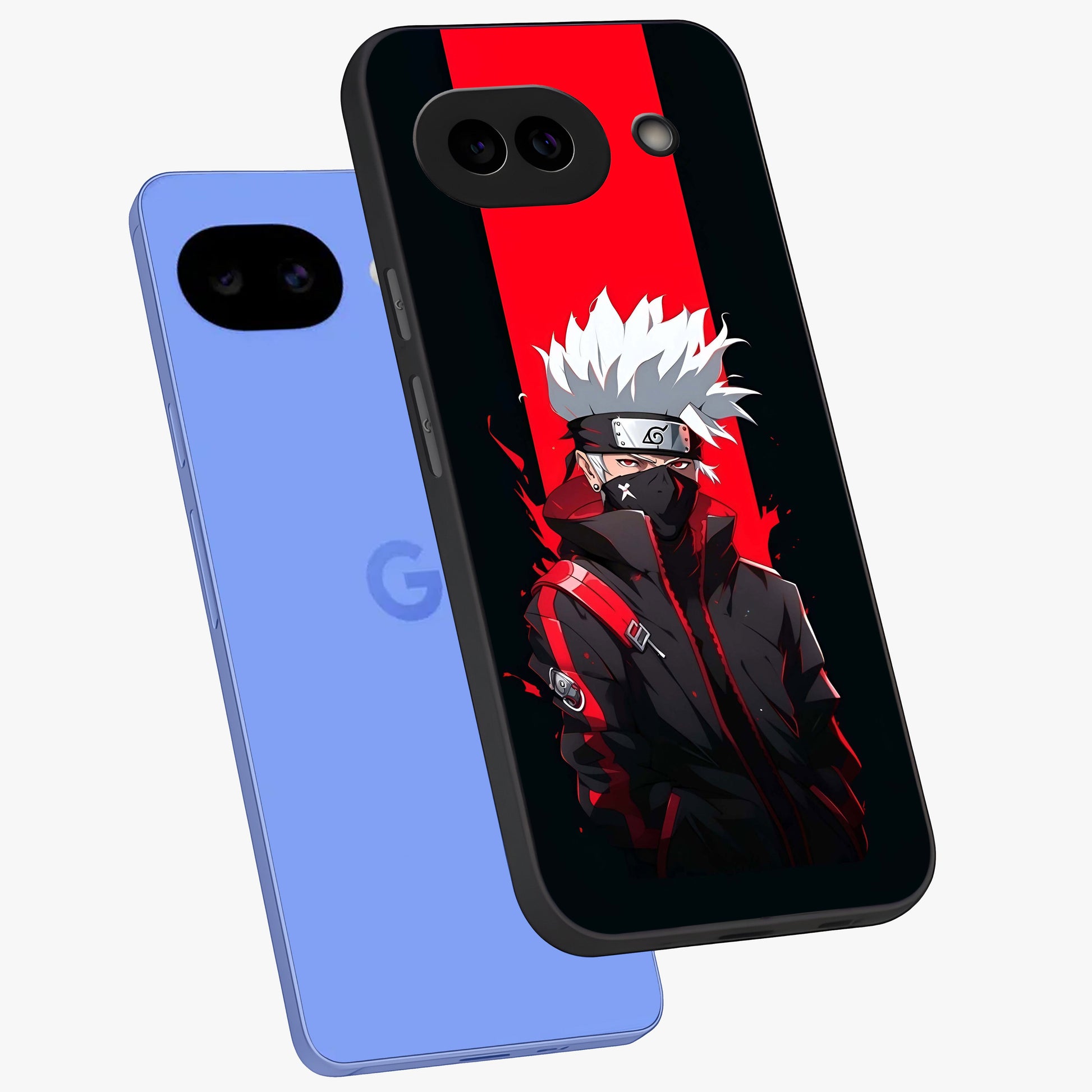 Kakashi Scarlet Shadow Glass Case displayed in angled mockup highlighting dramatic ninja illustration with scarlet themed aesthetic.