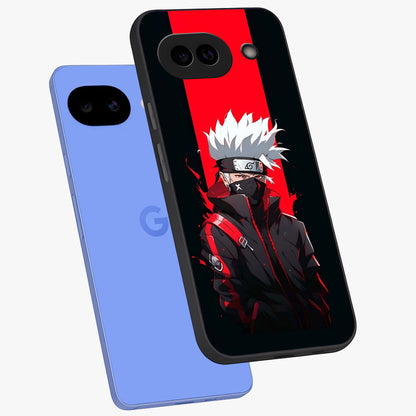 Kakashi Scarlet Shadow Glass Case displayed in angled mockup highlighting dramatic ninja illustration with scarlet themed aesthetic.