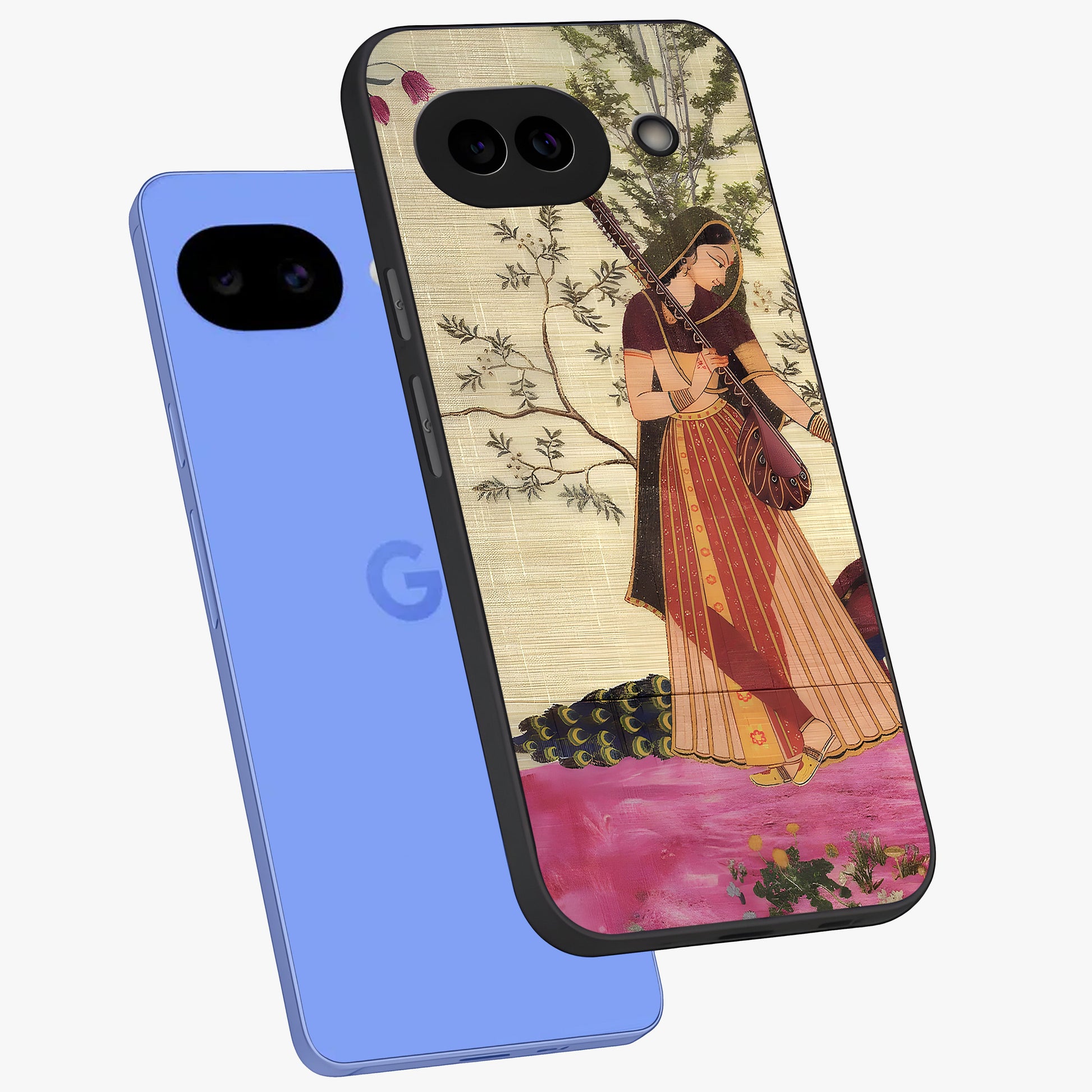 Lady With Veena Art Glass Case displayed in angled mockup highlighting graceful musical illustration with cultural artistic aesthetic.