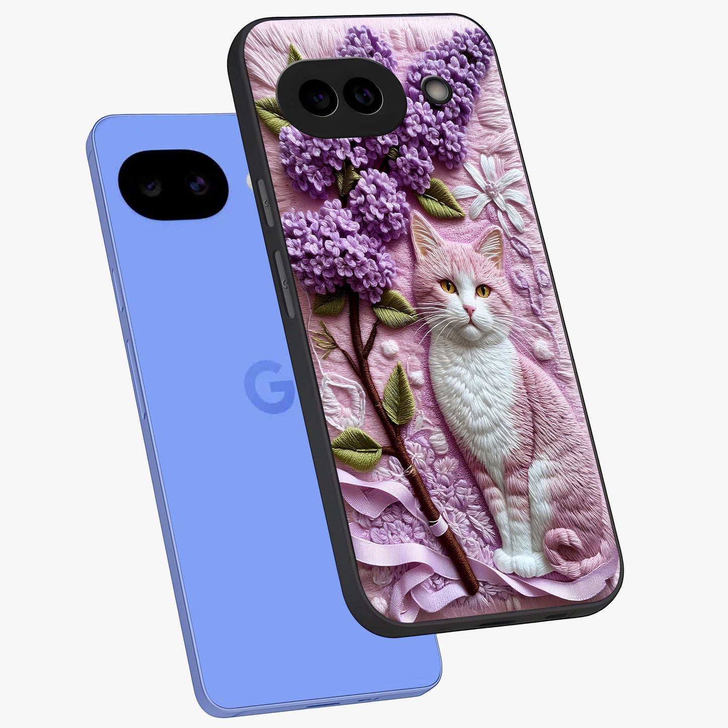 Lavender Cat Whimsy Glass Case displayed in angled mockup highlighting playful feline illustration with pastel lavender aesthetic.