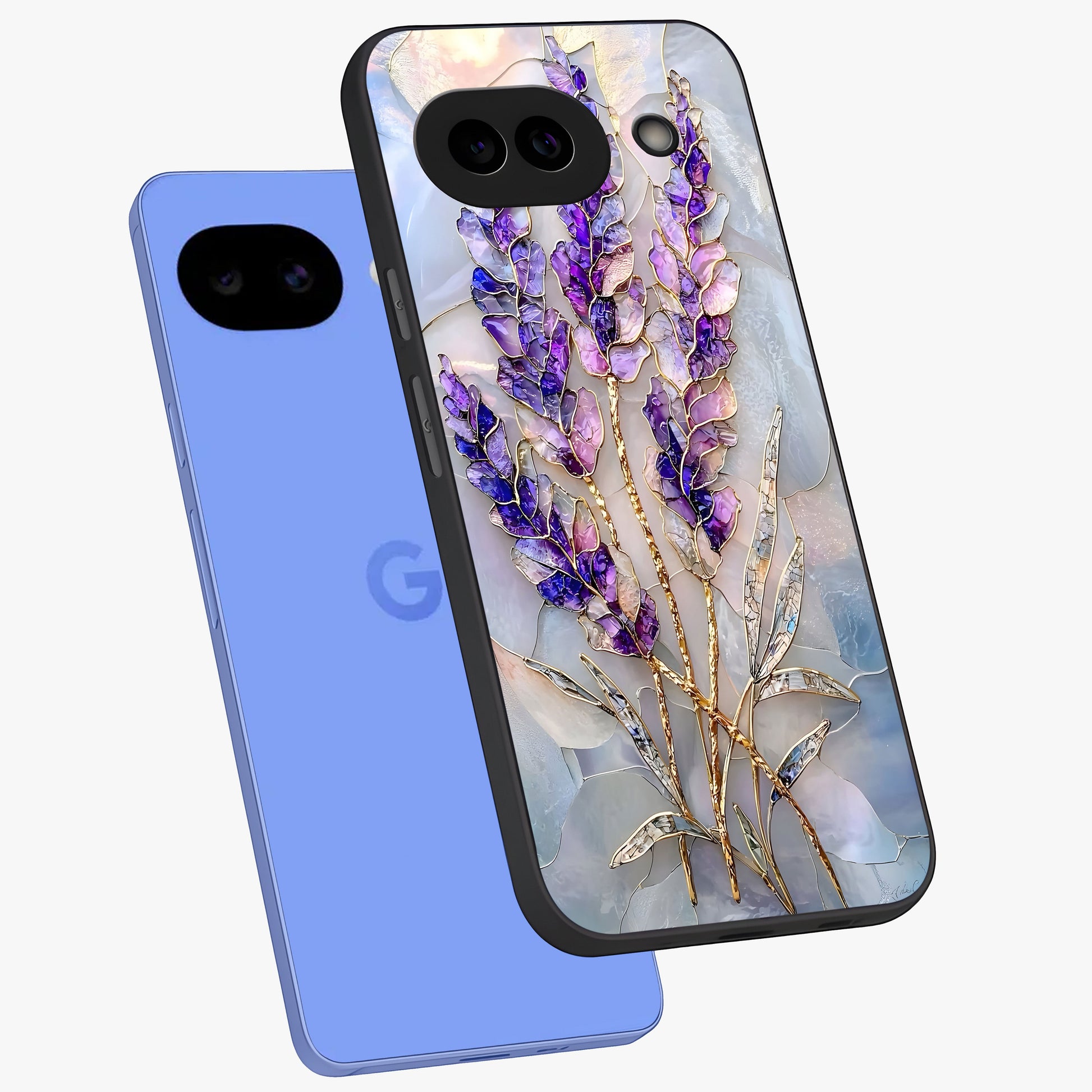Lavender Dream Glow Glass Case displayed in angled mockup highlighting dreamy purple glow design with soft artistic style.