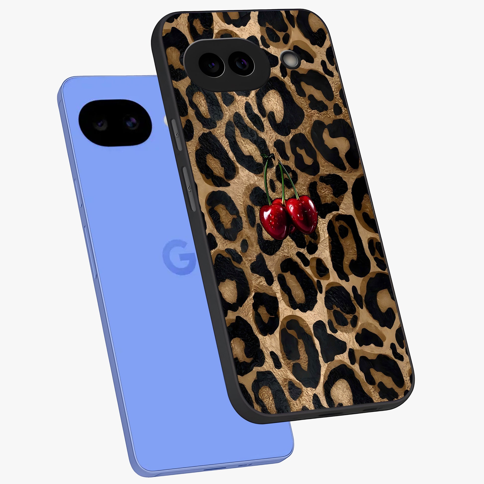 Leopard Wild Cherry Glass Case displayed in angled mockup highlighting bold animal print design with playful cherry aesthetic.