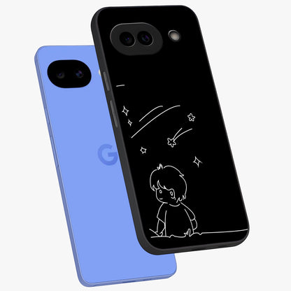 Line Art Boy With Shooting Stars Glass Case displayed in angled mockup highlighting elegant line art design with dreamy star aesthetic.