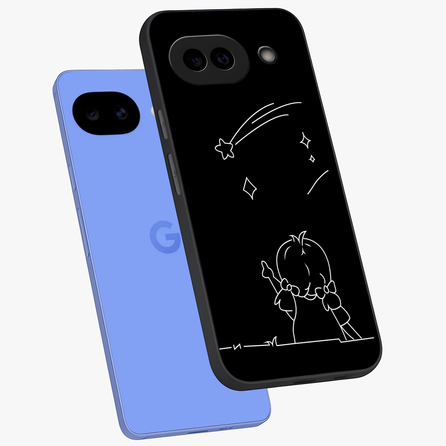 Line Art Girl With Shooting Stars Glass Case displayed in angled mockup highlighting elegant line art design with dreamy star aesthetic.