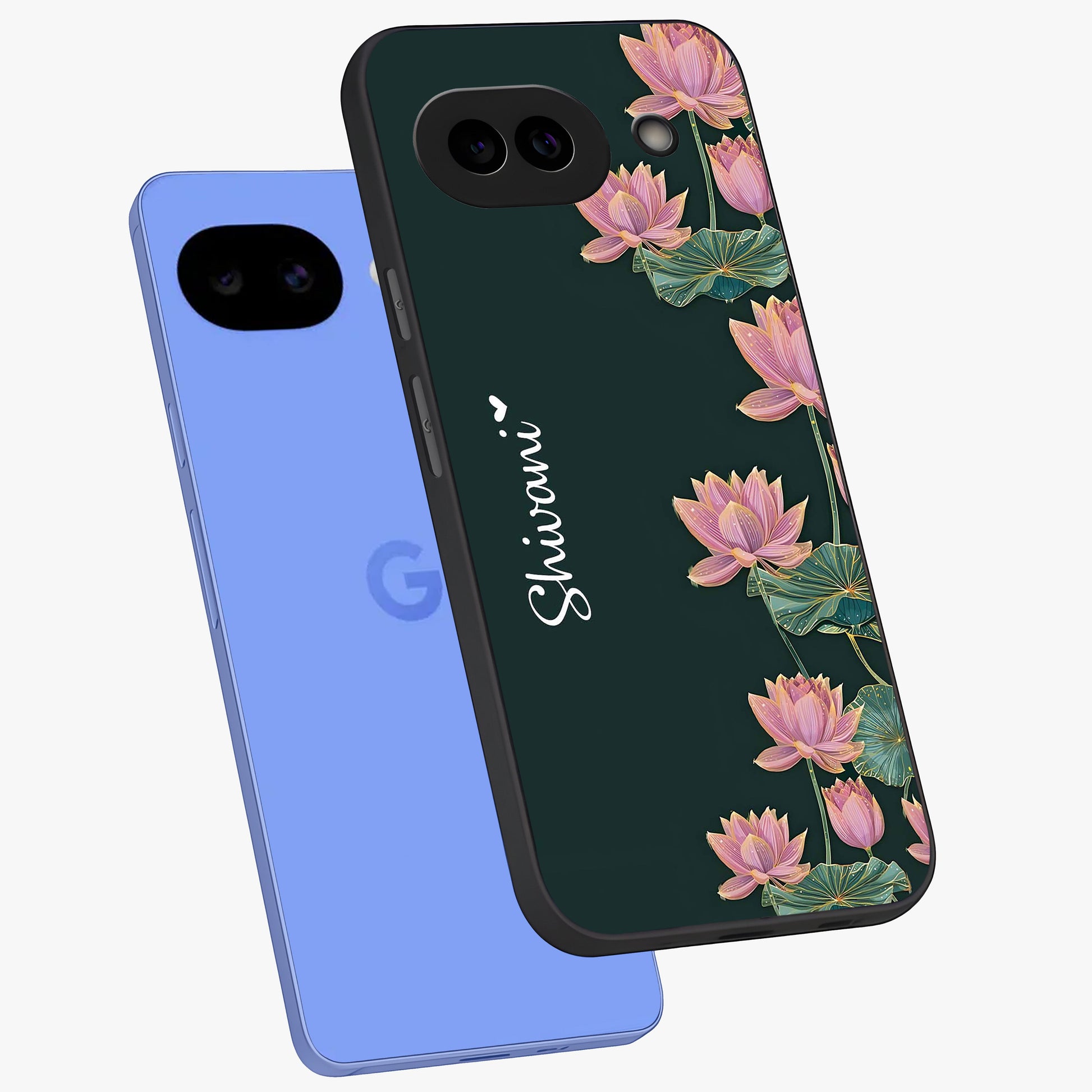 Lotus Bloom Serenity Custom Name Glass Case displayed in angled mockup highlighting graceful lotus illustration with custom name feature.