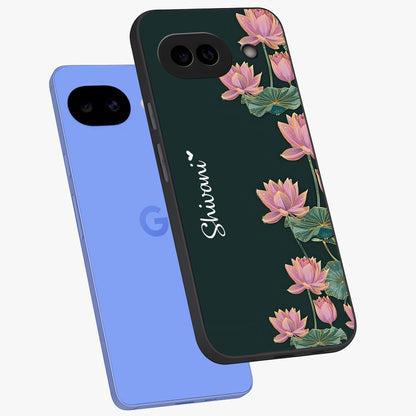 Lotus Bloom Serenity Custom Name Glass Case displayed in angled mockup highlighting graceful lotus illustration with custom name feature.