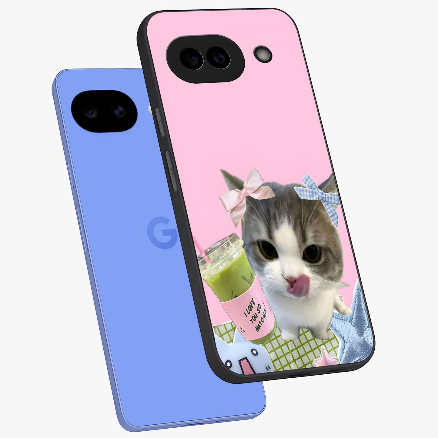 Love Matcha Cat Glass Case displayed in angled mockup highlighting playful feline illustration with cozy matcha aesthetic.