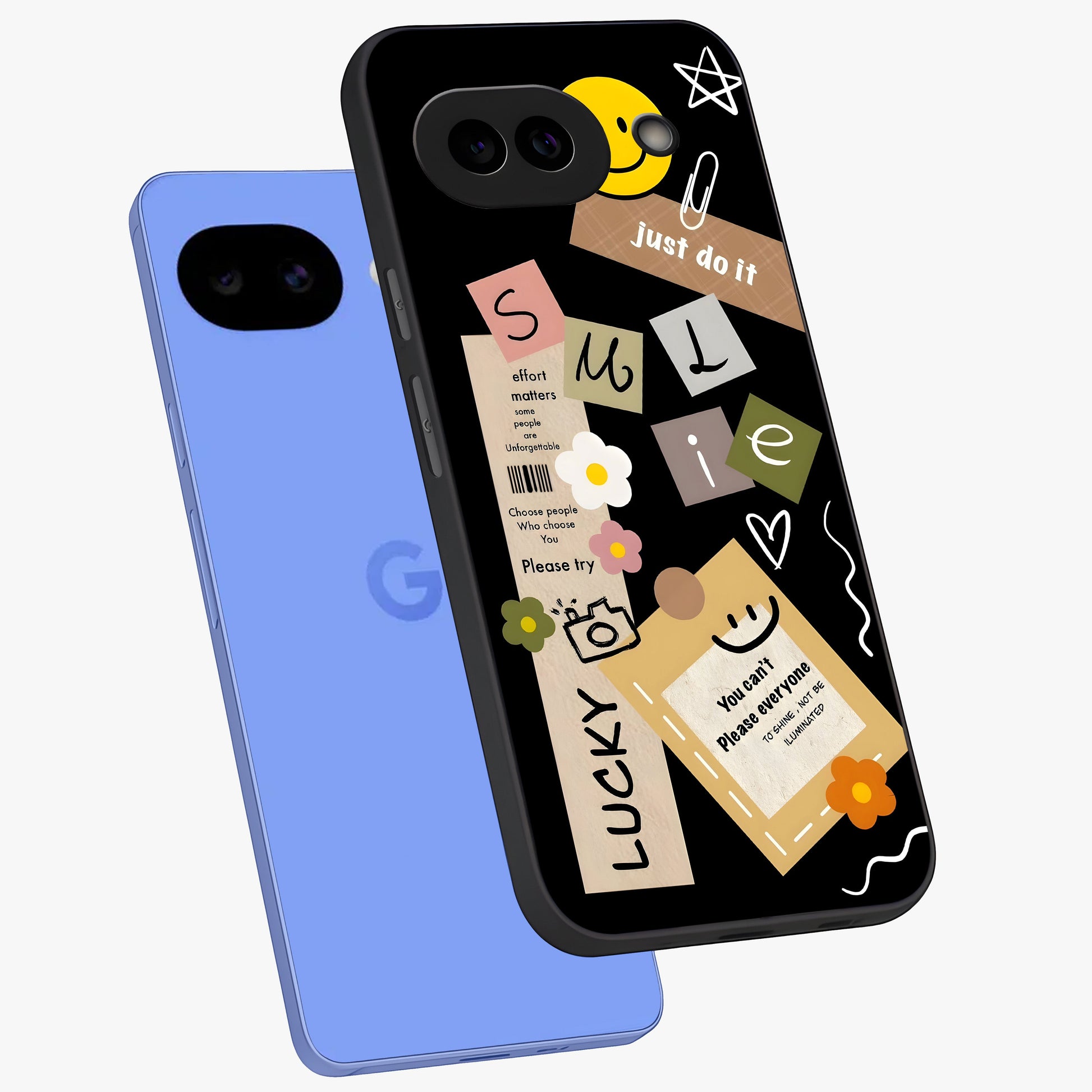 Lucky Aesthetic Collage Glass Case displayed in angled mockup highlighting stylish collage pattern with modern aesthetic vibe.