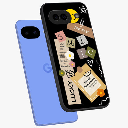 Lucky Aesthetic Collage Glass Case displayed in angled mockup highlighting stylish collage pattern with modern aesthetic vibe.