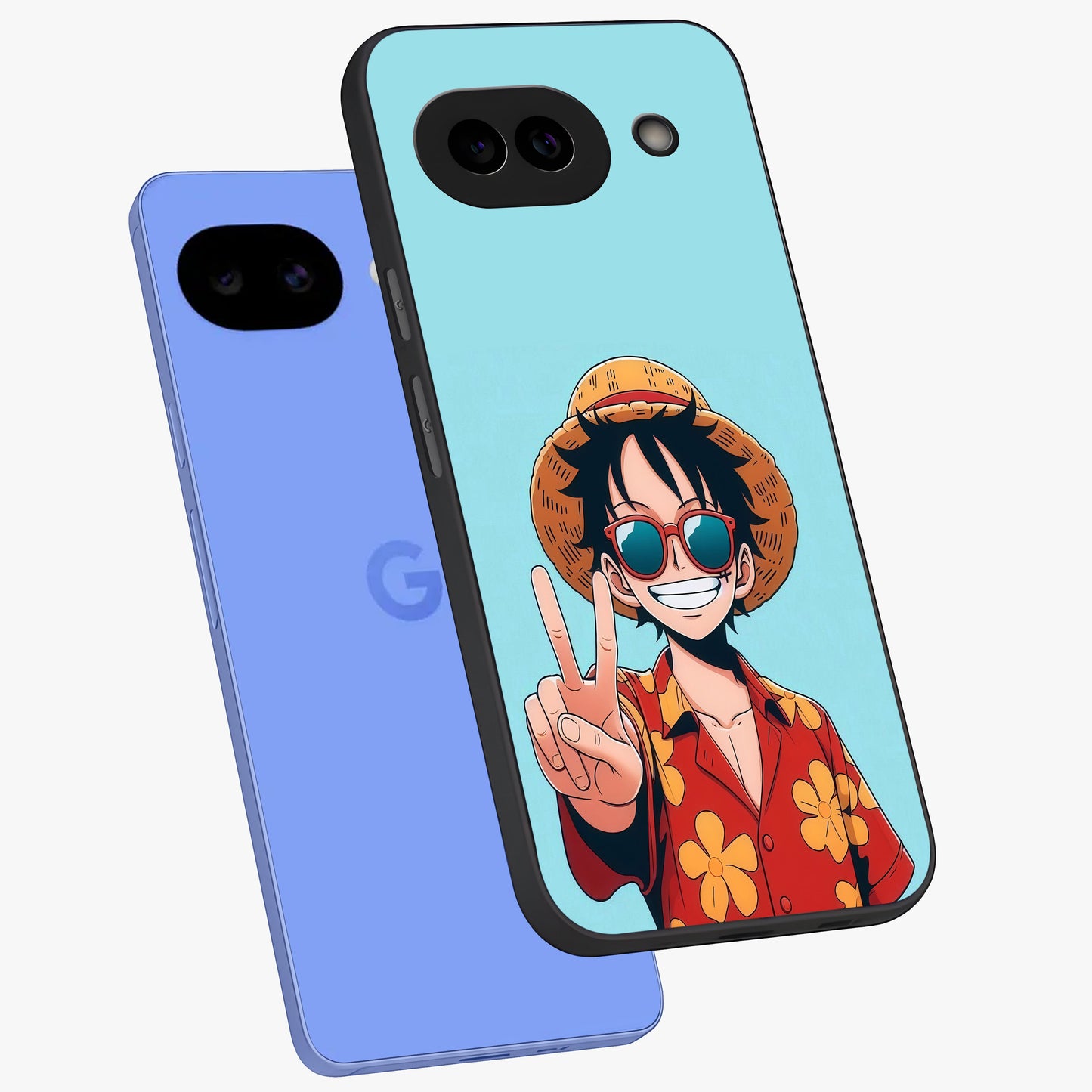 Luffy Summer Anime Vibe Glass Case displayed in angled mockup highlighting energetic anime illustration with summer vibe aesthetic.