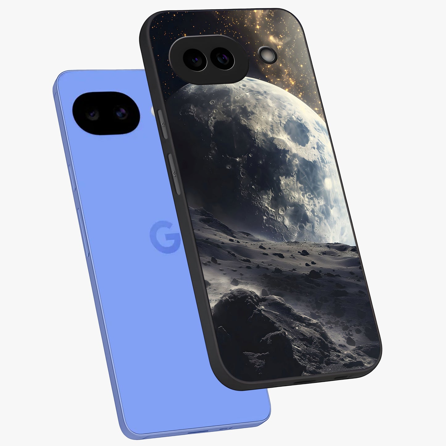 Lunar Horizon Glow Glass Case displayed in angled mockup highlighting celestial moon design with dreamy night aesthetic.
