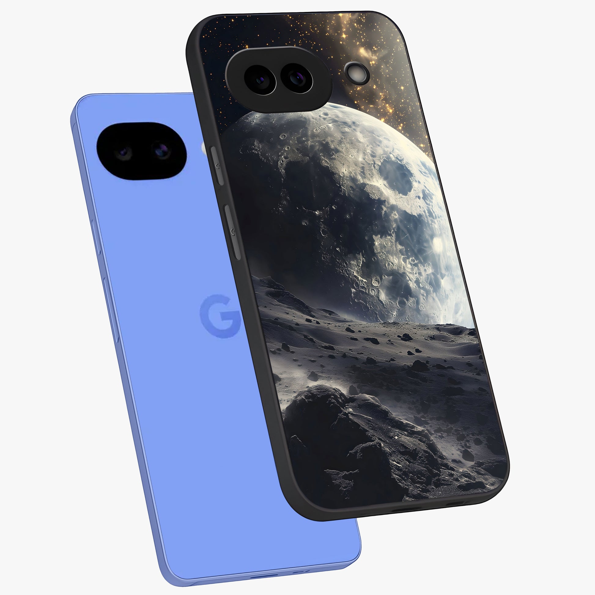 Lunar Horizon Glow Glass Case displayed in angled mockup highlighting celestial moon design with dreamy night aesthetic.