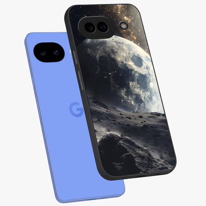 Lunar Horizon Glow Glass Case displayed in angled mockup highlighting celestial moon design with dreamy night aesthetic.